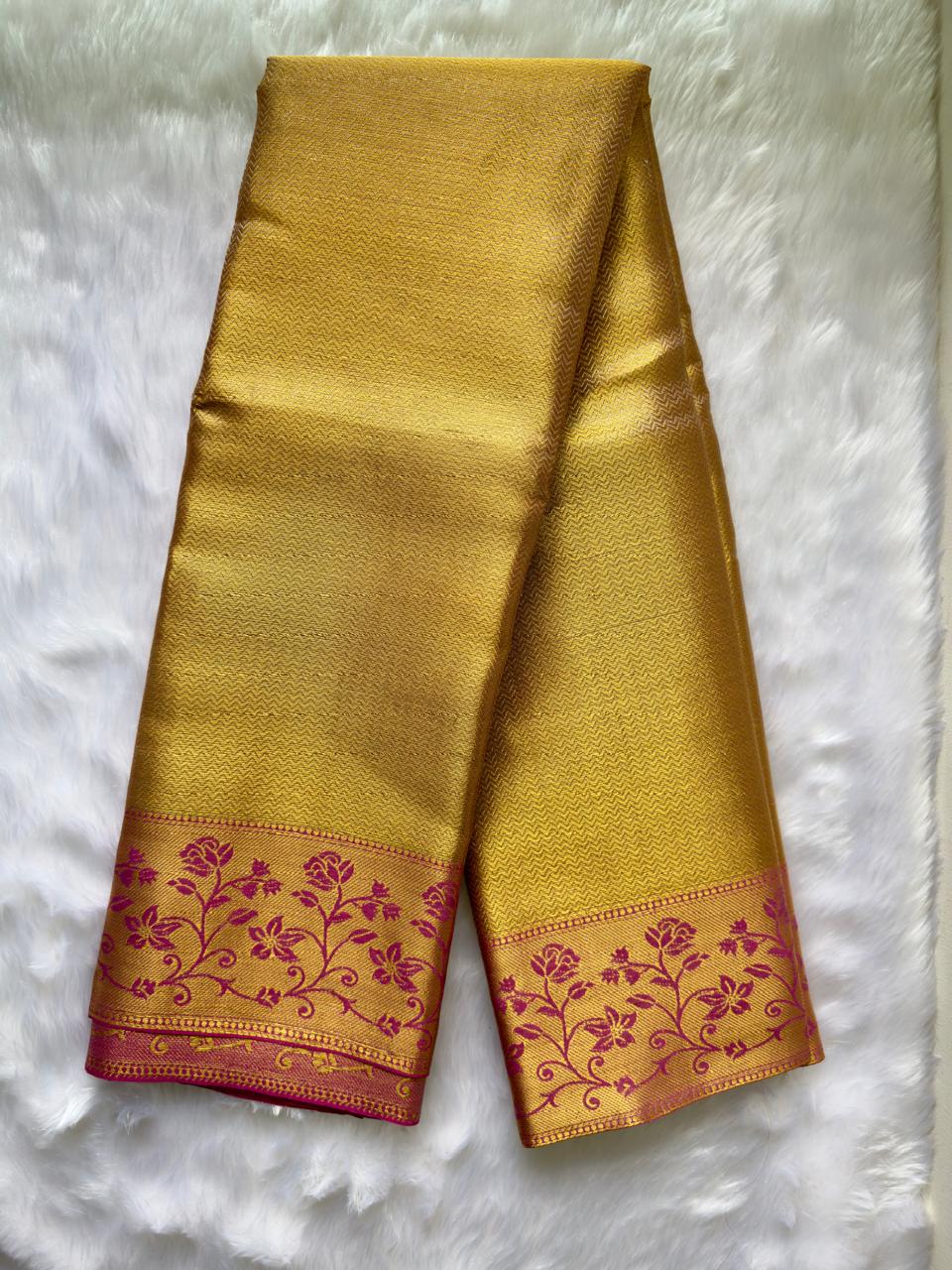 GOLDEN SOFT TISSUE SILK SAREE WITH EMBROIDERED ZARI BORDER
