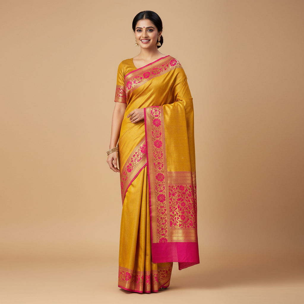 GOLDEN SOFT TISSUE SILK SAREE WITH EMBROIDERED ZARI BORDER