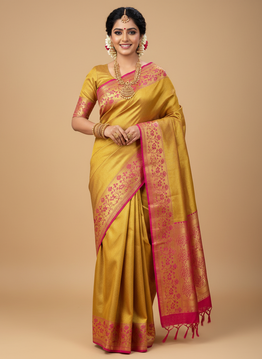 GOLDEN SOFT TISSUE SILK SAREE WITH EMBROIDERED ZARI BORDER