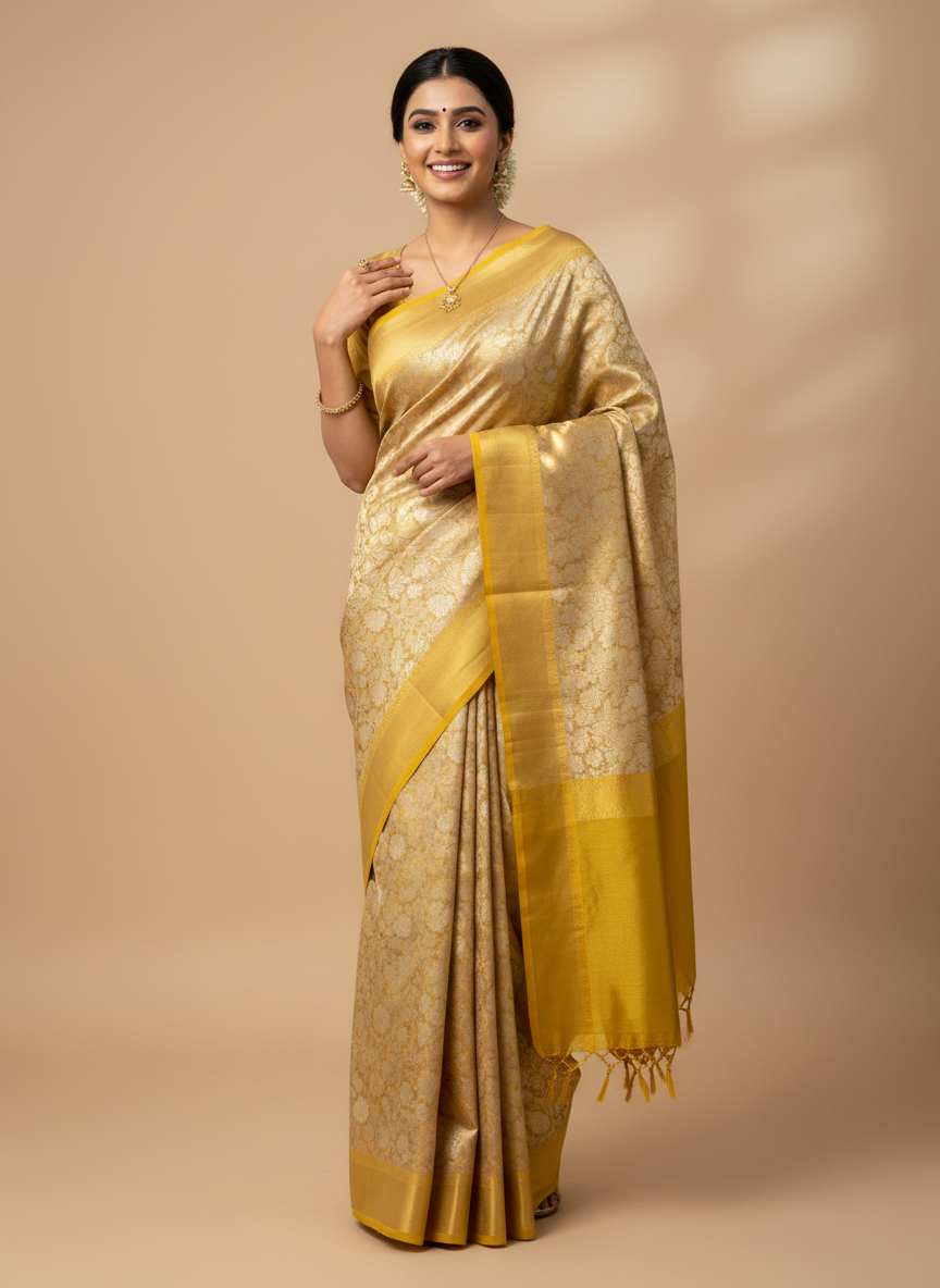 YELLOW SOFT TISSUE SILK SAREE WITH GOLD DESIGN AND ZARI BORDER