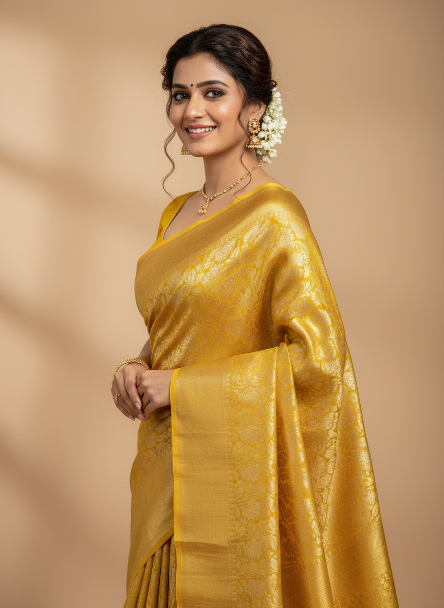 YELLOW SOFT TISSUE SILK SAREE WITH GOLD DESIGN AND ZARI BORDER