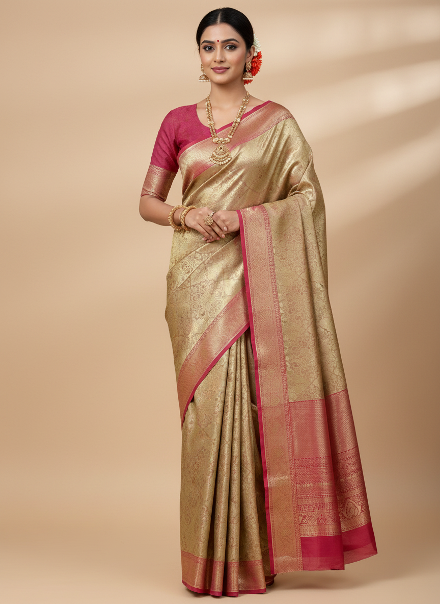 SILVER DARK PINK SOFT SILK SAREE WITH RICH BIG BORDER