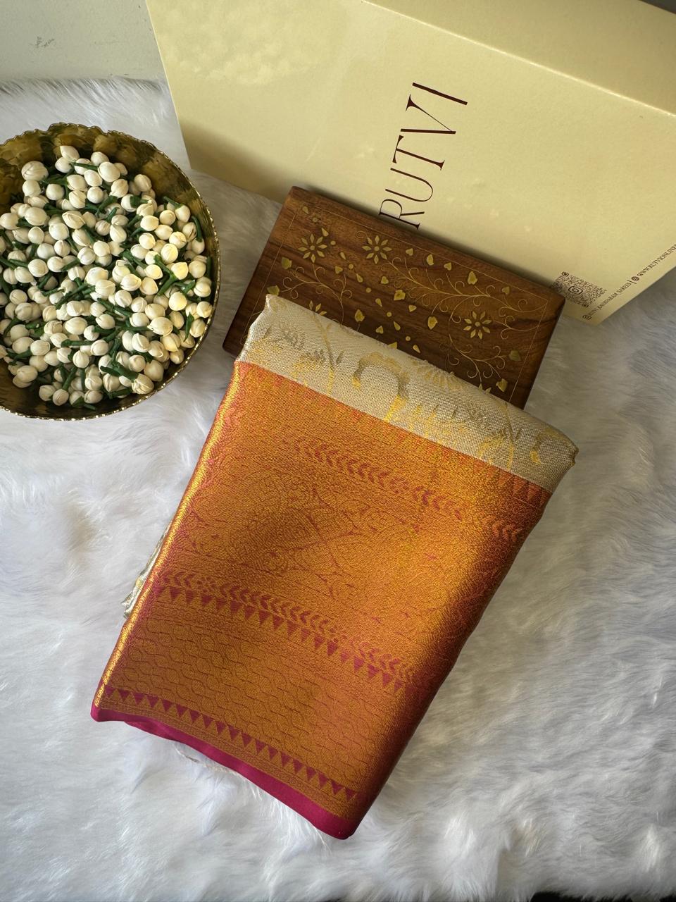 CREAM SOFT SILK SAREE WITH GOLDEN DESIGN AND RICH RED BIG BORDER