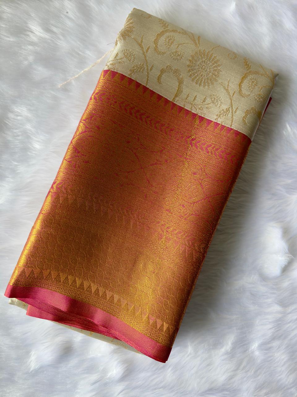 CREAM SOFT SILK SAREE WITH GOLDEN DESIGN AND RICH RED BIG BORDER