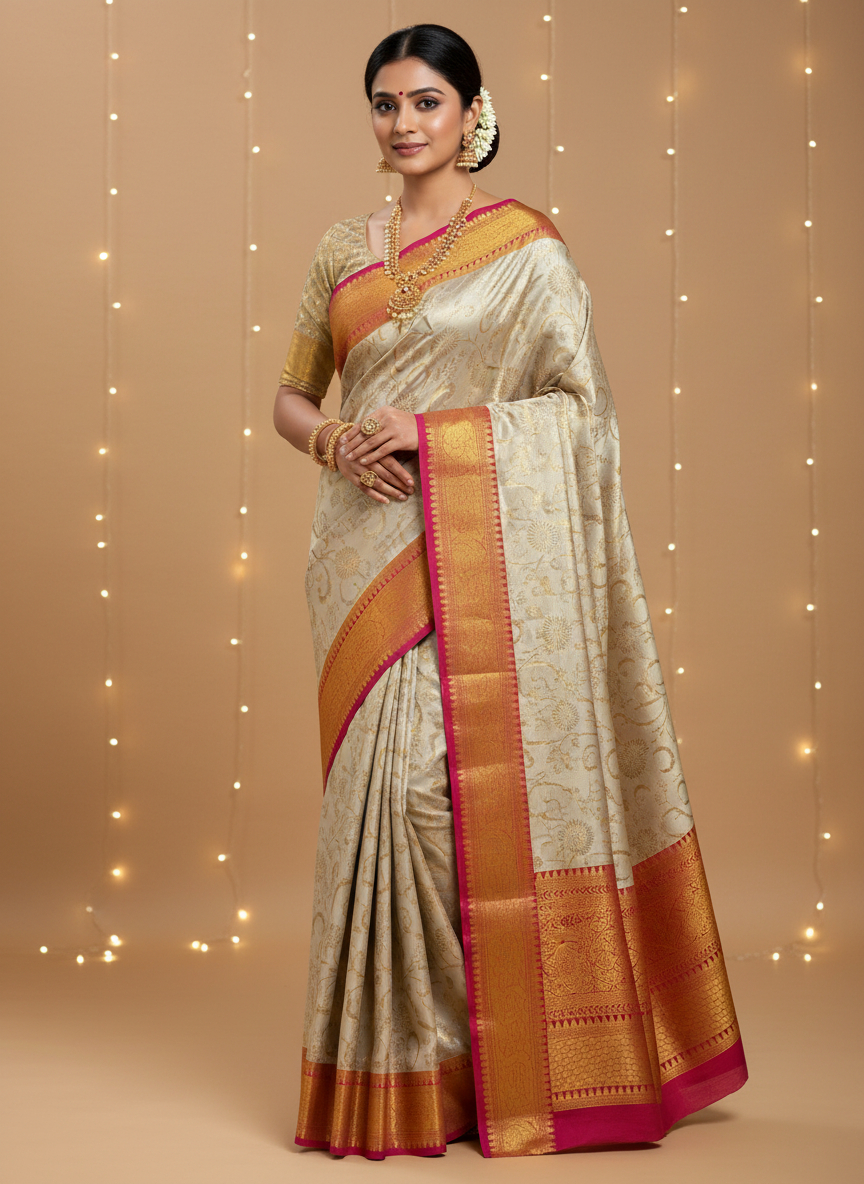 CREAM SOFT SILK SAREE WITH GOLDEN DESIGN AND RICH RED BIG BORDER
