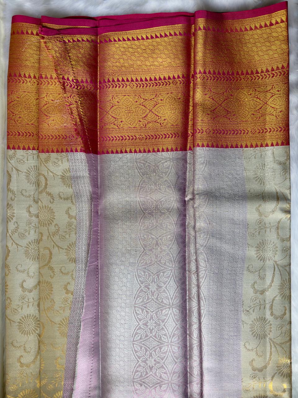 CREAM SOFT SILK SAREE WITH GOLDEN DESIGN AND RICH RED BIG BORDER