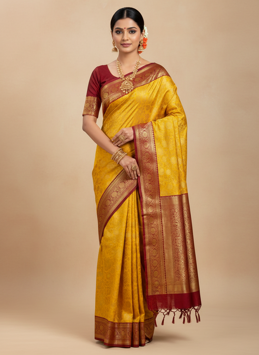 YELLOW + RED BIG BORDER SOFT SILK SAREE