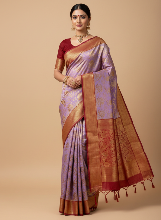LAVENDER + RED BIG BORDER SOFT SEMI SILK SAREE