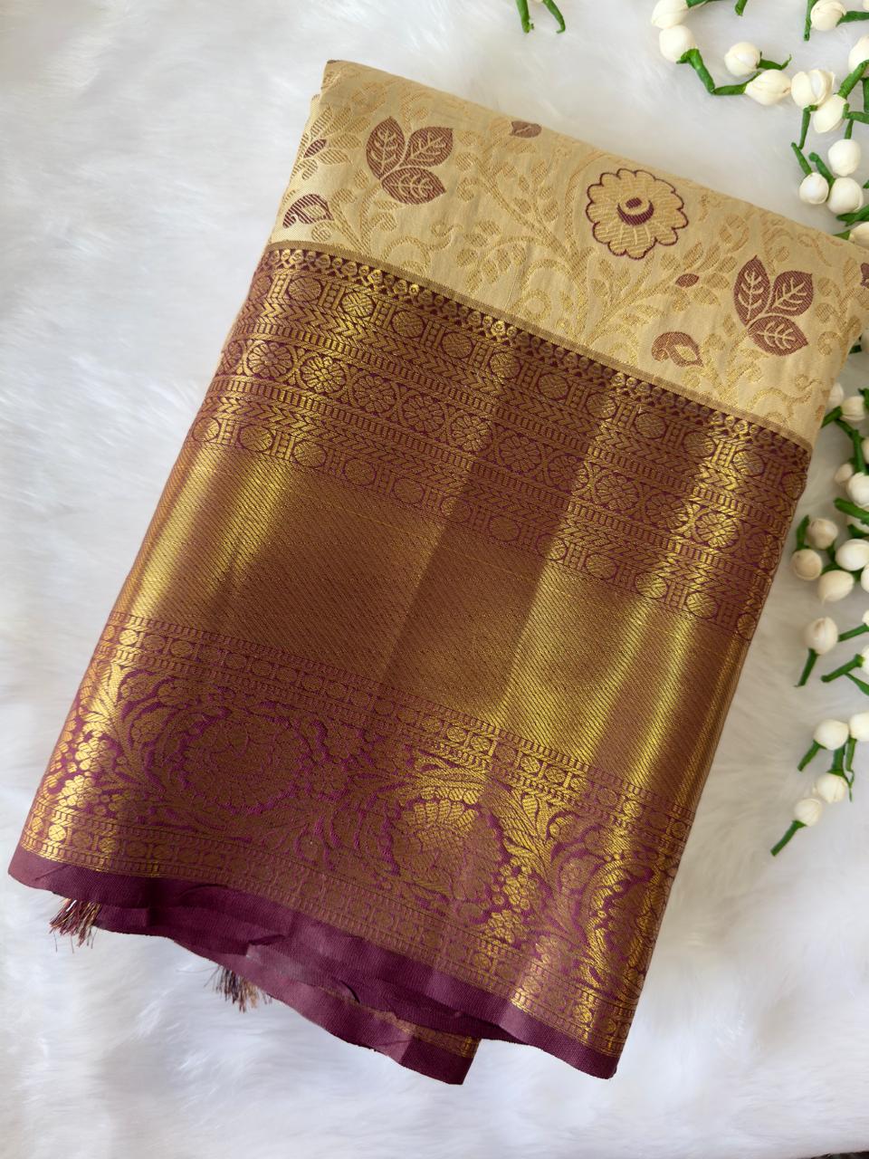 CREAM + BROWN BIG BORDER SOFT SEMI SILK SAREE