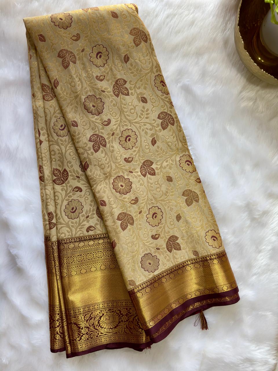 CREAM + BROWN BIG BORDER SOFT SEMI SILK SAREE