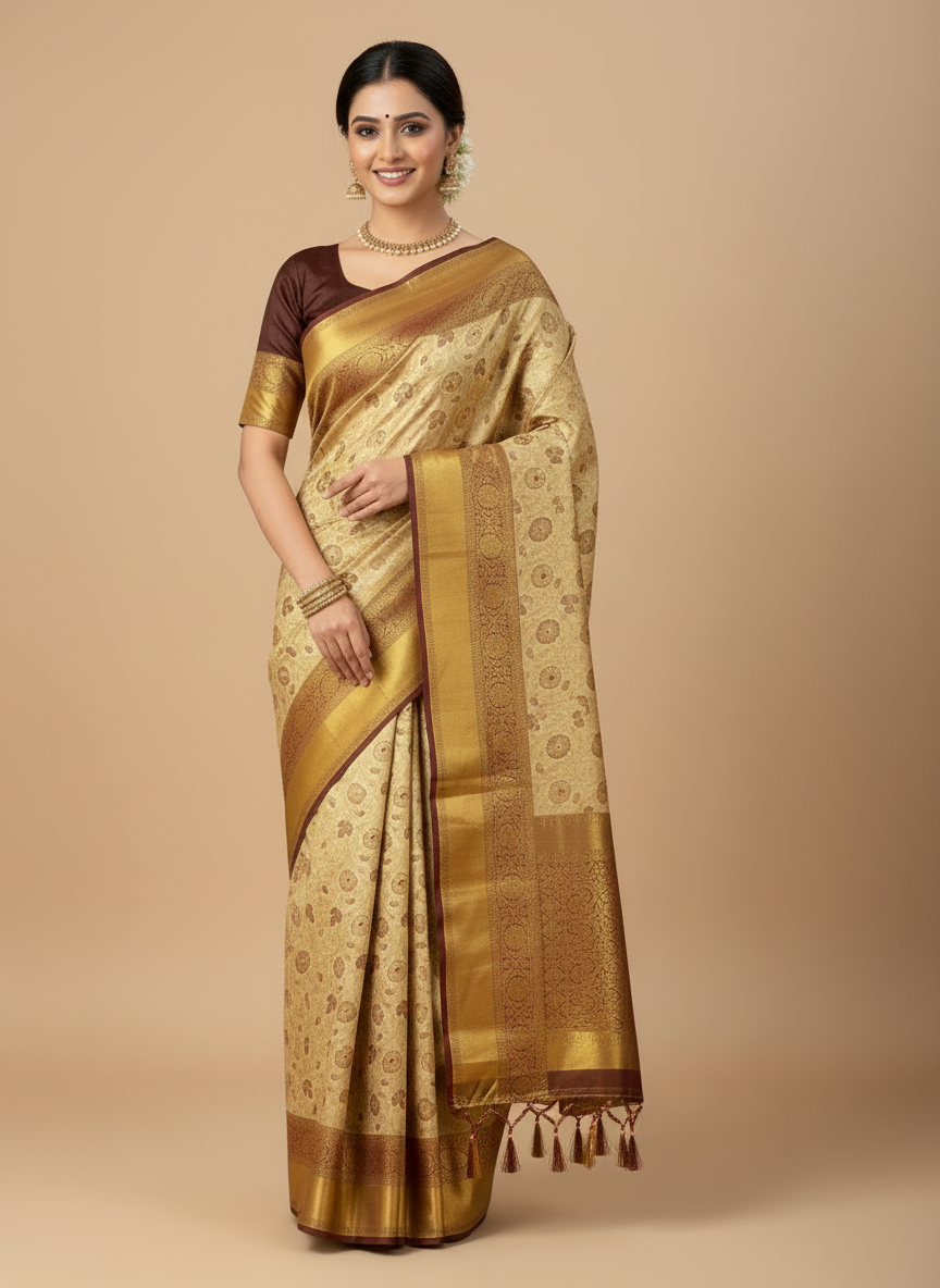 CREAM + BROWN BIG BORDER SOFT SEMI SILK SAREE