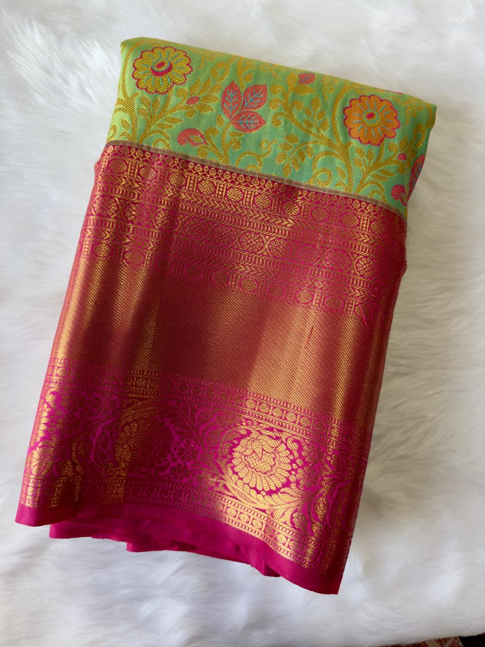 PISTA GREEN + PINK BIG BORDER SOFT SEMI SILK SAREE