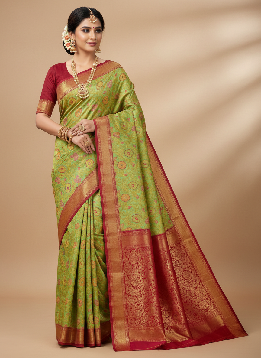 PISTA GREEN + PINK BIG BORDER SOFT SEMI SILK SAREE