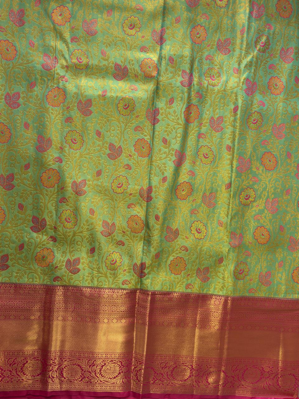 PISTA GREEN + PINK BIG BORDER SOFT SEMI SILK SAREE