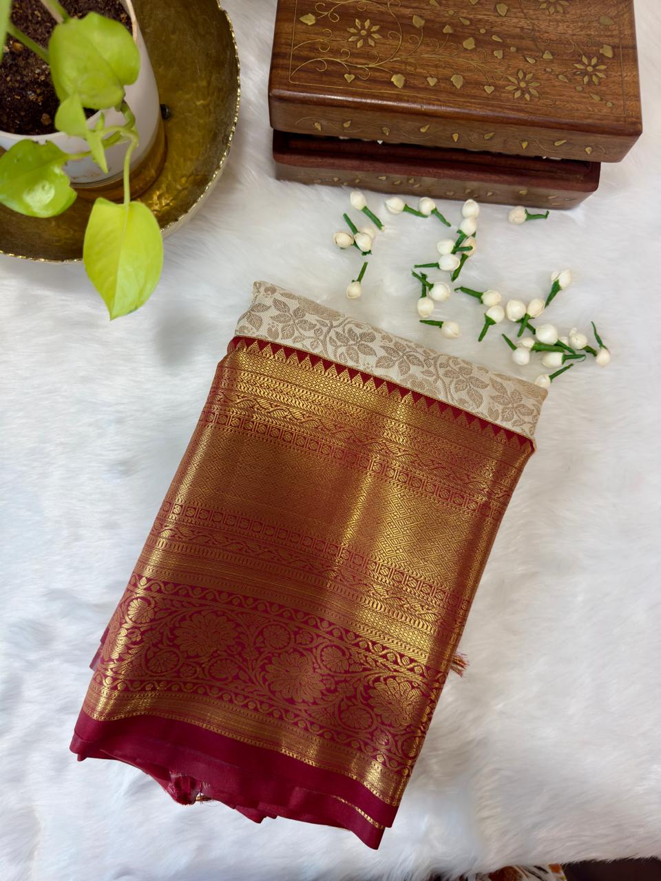 HALF WHITE + MAROON BIG BORDER SOFT SILK SAREE