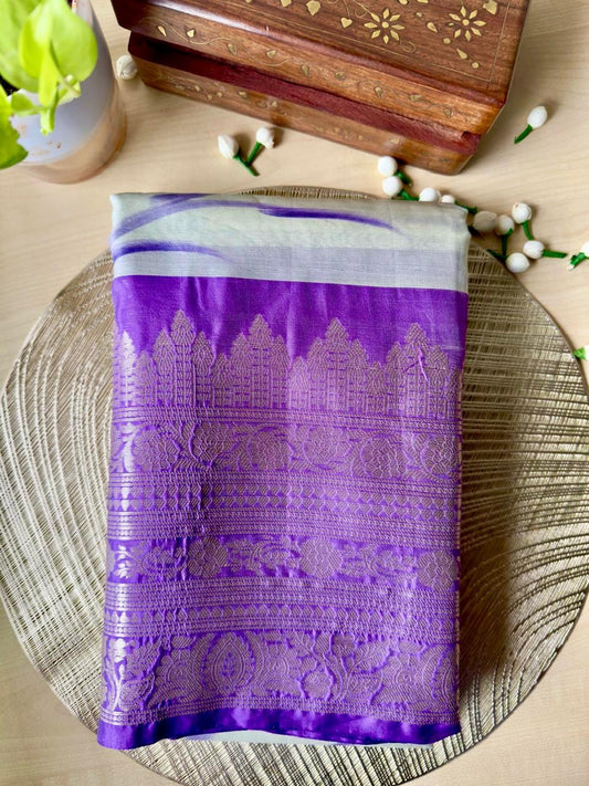 LIGHT OFF-WHITE WITH LAVENDER & PINK FLORALS AND ROYAL VIOLET ZARI BORDER