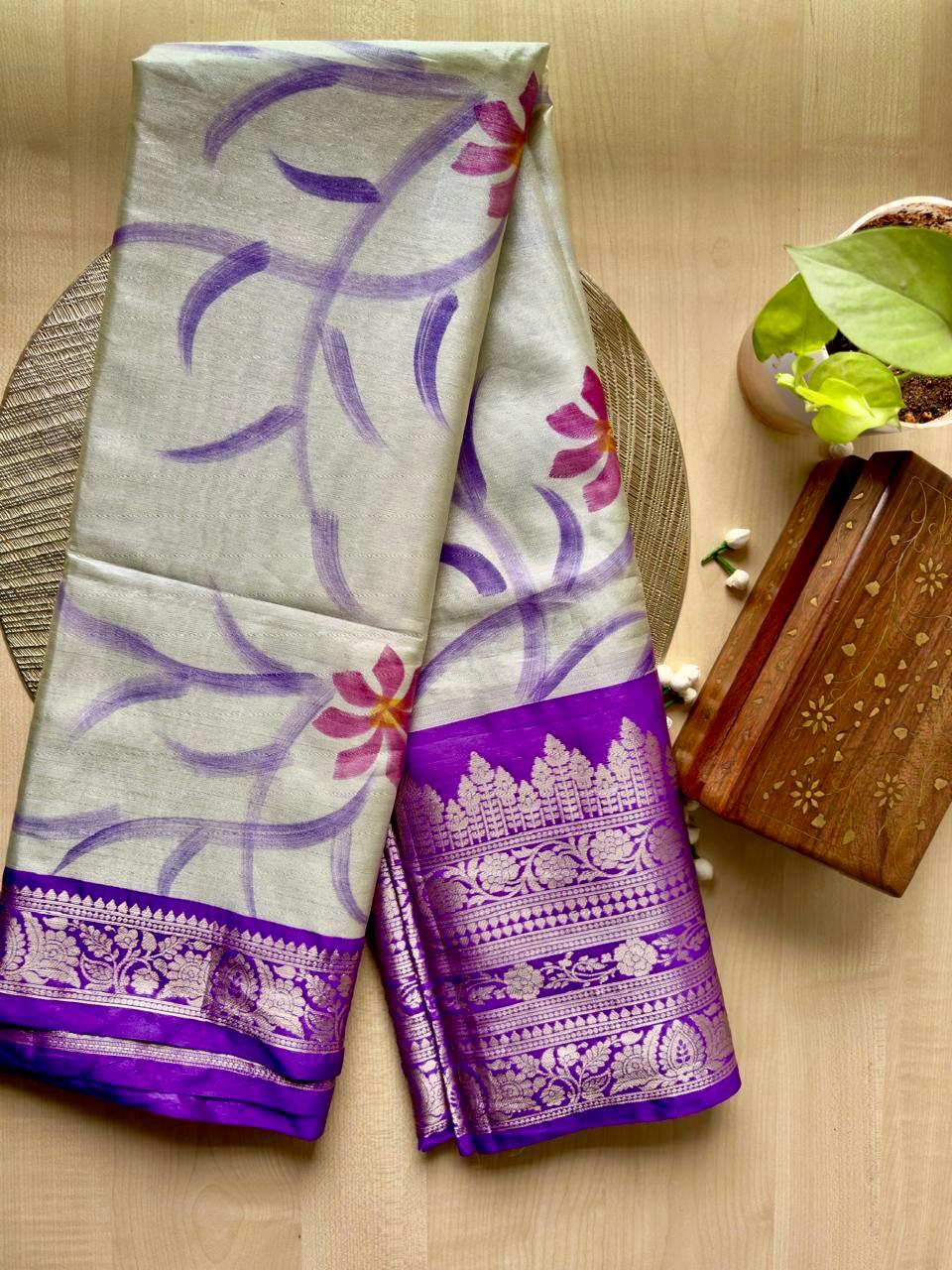 LIGHT OFF-WHITE WITH LAVENDER & PINK FLORALS AND ROYAL VIOLET ZARI BORDER