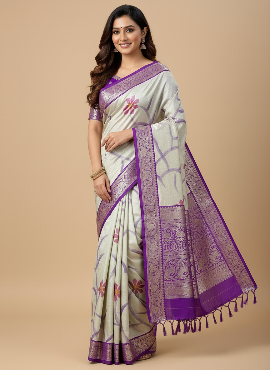 LIGHT OFF-WHITE WITH LAVENDER & PINK FLORALS AND ROYAL VIOLET ZARI BORDER