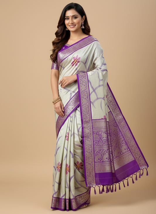 LIGHT OFF-WHITE WITH LAVENDER & PINK FLORALS AND ROYAL VIOLET ZARI BORDER