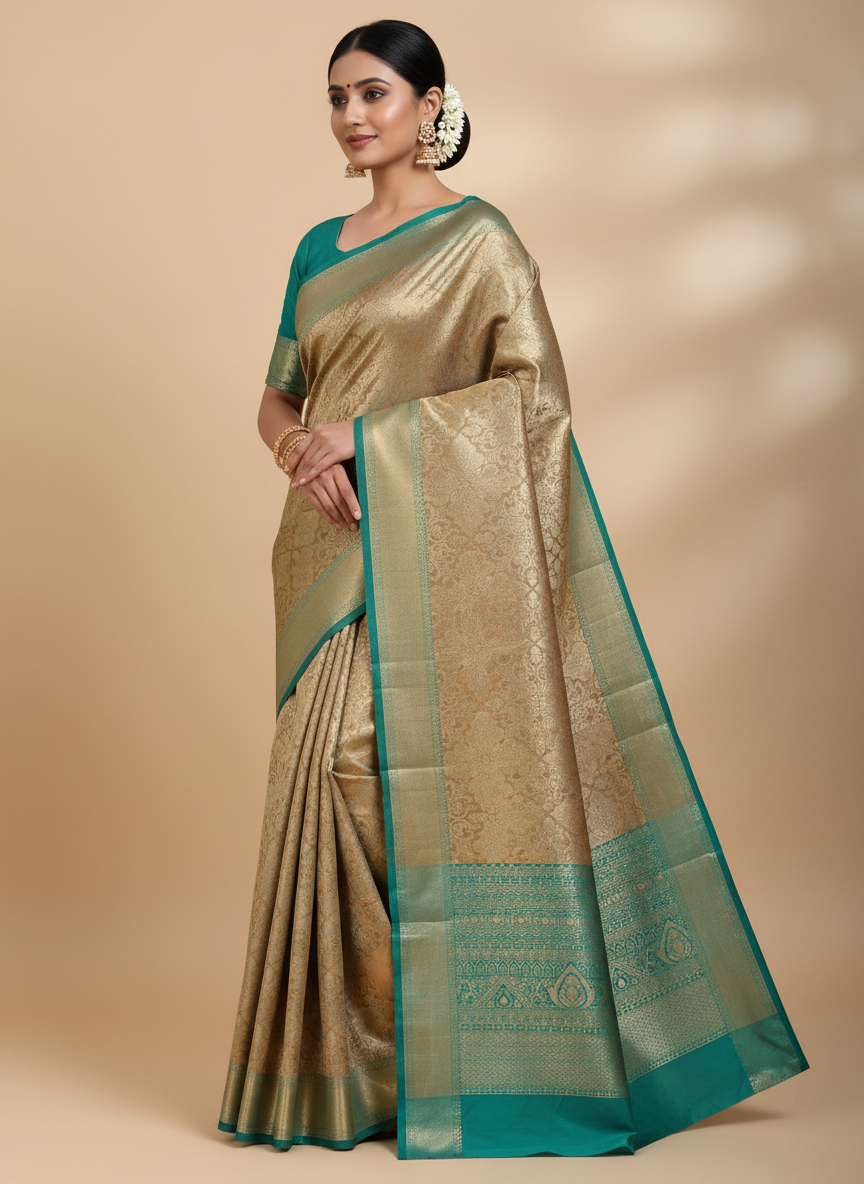 RICH SILVER DUAL-TONE WITH PASTEL SEA GREEN AND SILVER ZARI WORK