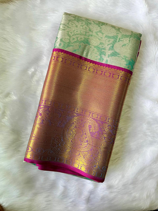 LIGHT BLUE WITH PURPLE & GOLD ZARI AND ALL-OVER FLORAL MOTIFS