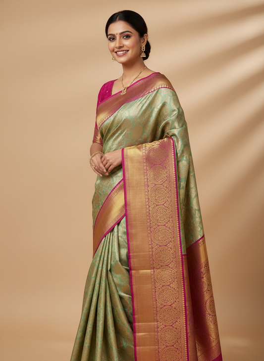 LIGHT BLUE WITH PURPLE & GOLD ZARI AND ALL-OVER FLORAL MOTIFS