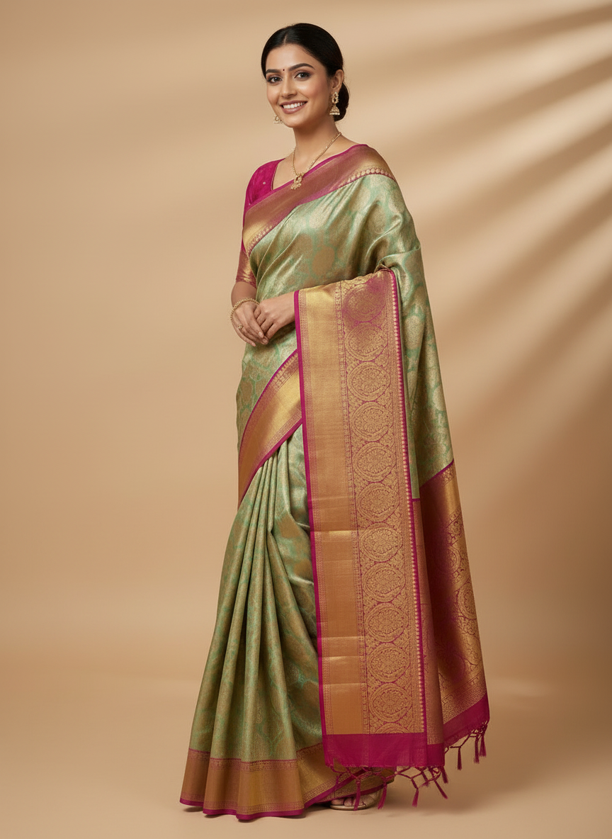 LIGHT BLUE WITH PURPLE & GOLD ZARI AND ALL-OVER FLORAL MOTIFS