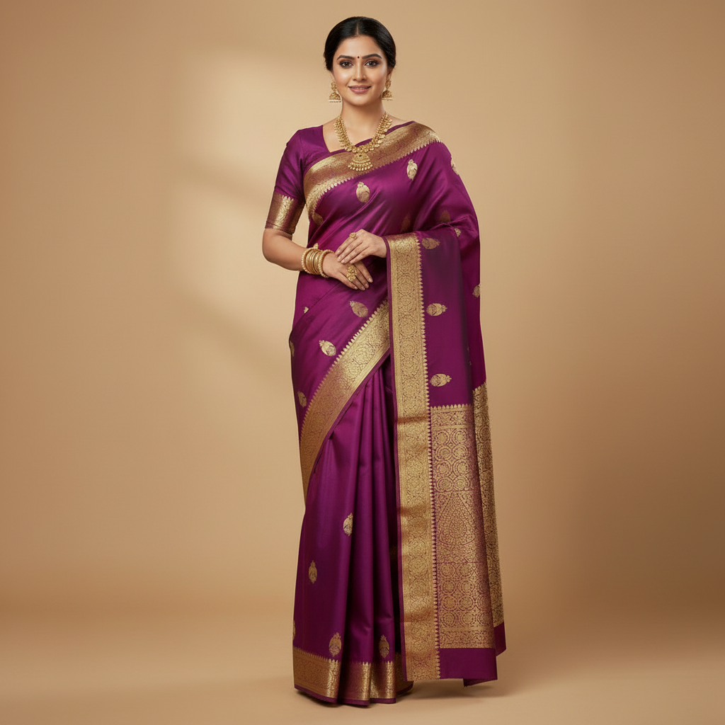 HANDWOVEN PURE SILK RICH MAGENTA WITH BIG GOLD ZARI BORDER