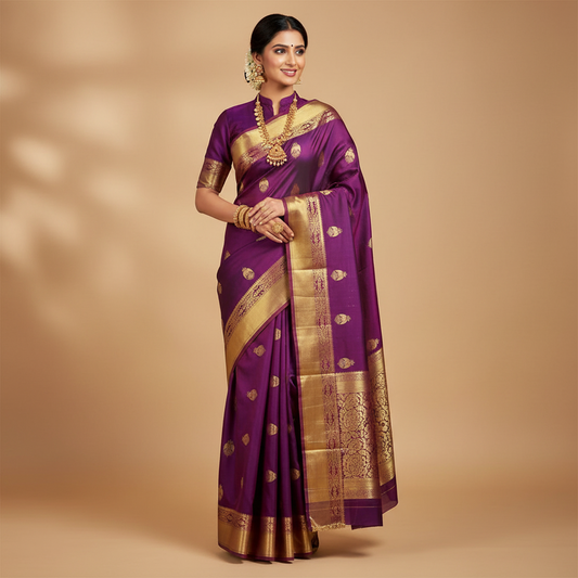 HANDWOVEN PURE SILK RICH MAGENTA WITH BIG GOLD ZARI BORDER