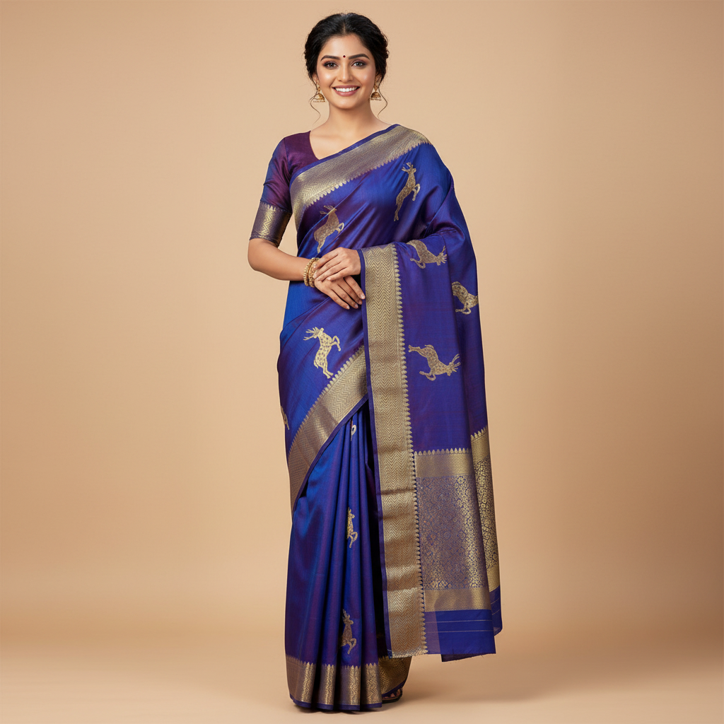 HANDWOVEN PURE SILK ROYAL BLUE WITH SMALL BORDER AND DEER MOTIFS