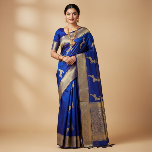 HANDWOVEN PURE SILK ROYAL BLUE WITH SMALL BORDER AND DEER MOTIFS