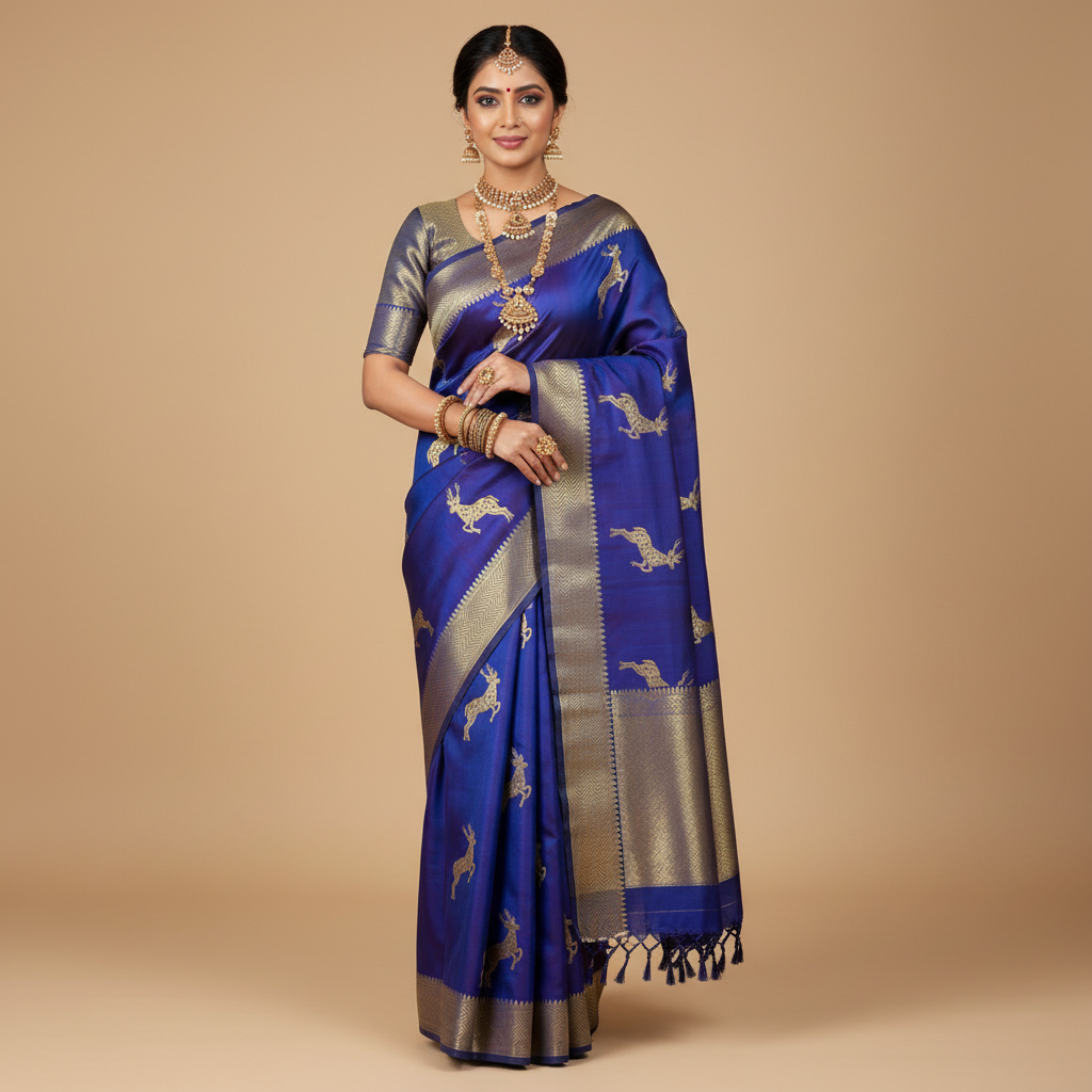 HANDWOVEN PURE SILK ROYAL BLUE WITH SMALL BORDER AND DEER MOTIFS