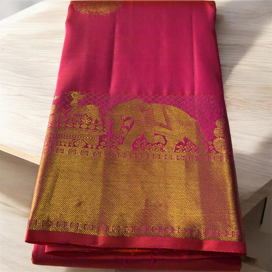 DEEP REDDISH PINK WITH ELEPHANTS, HORSES & TEMPLE ZARI BORDER