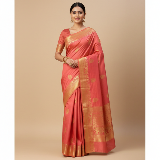 HANDWOVEN PURE SILK PEACH PINK WITH ELEPHANTS, HORSES & TEMPLE ZARI BORDER