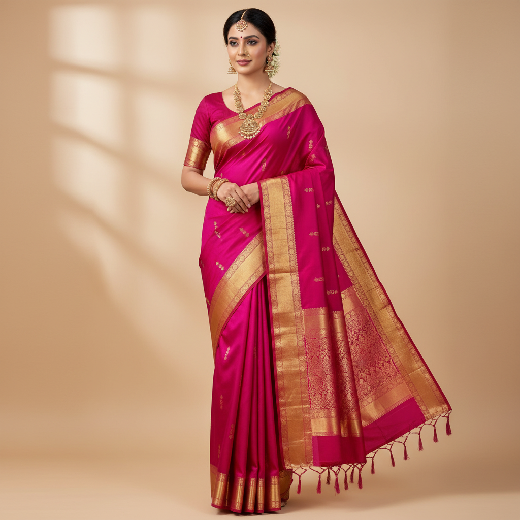 HANDWOVEN PURE SILK DARK PINK WITH BIG & SMALL GOLD ZARI BORDERS