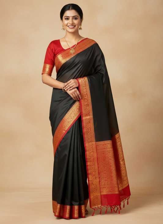 RED SMALL BORDER BLACK BODY SILK COTTON SAREE