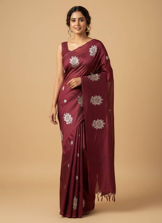 MAROON FLORAL CRACKLE COTTON SAREE WITHOUT BORDER