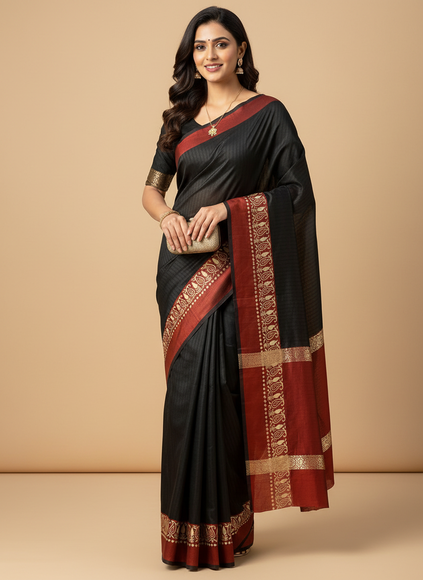 PURE MUL MUL COTTON SAREE (BLACK BODY WITH BROWN BORDER)
