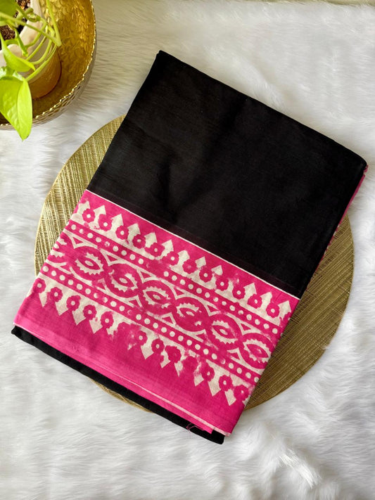 PURE MUL MUL COTTON SAREE (BLACK BODY WITH PINK BORDER)