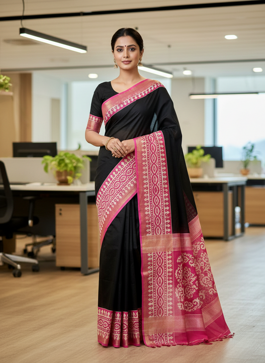 PURE MUL MUL COTTON SAREE (BLACK BODY WITH PINK BORDER)