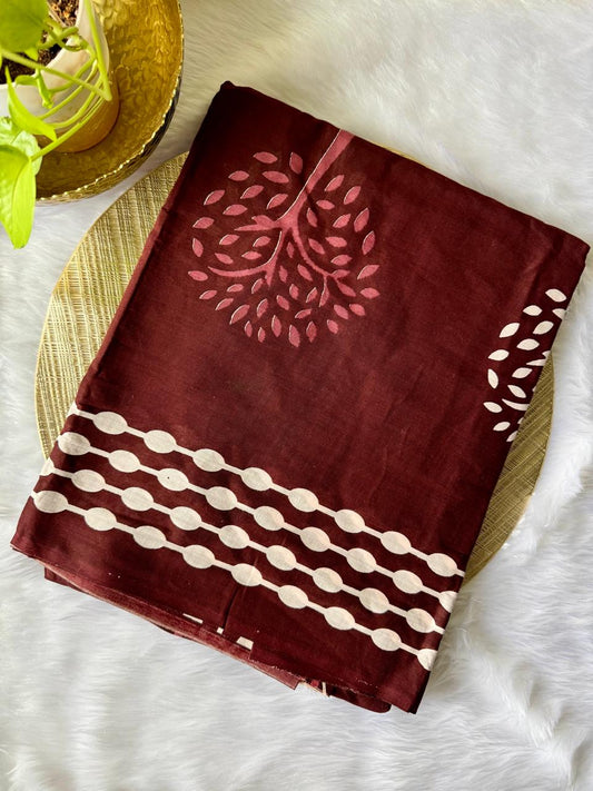 PURE COTTON HAND-BLOCK PRINT SAREE (MAROON WITH WHITE MOTIFS)