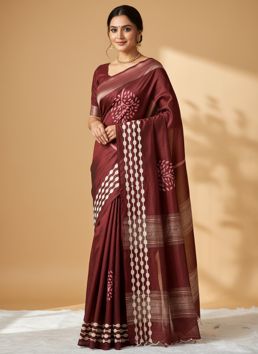 PURE COTTON HAND-BLOCK PRINT SAREE (MAROON WITH WHITE MOTIFS)