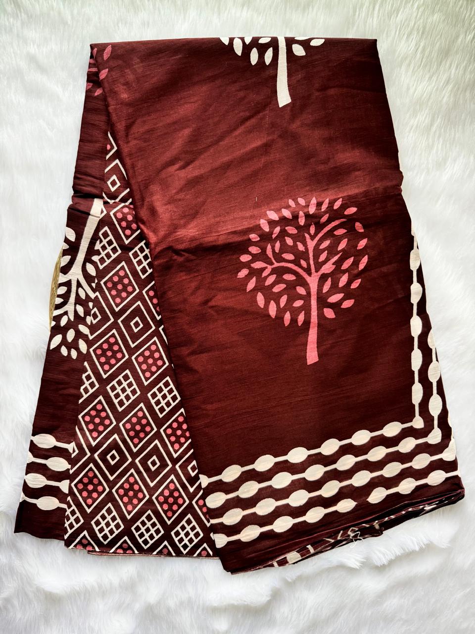 PURE COTTON HAND-BLOCK PRINT SAREE (MAROON WITH WHITE MOTIFS)