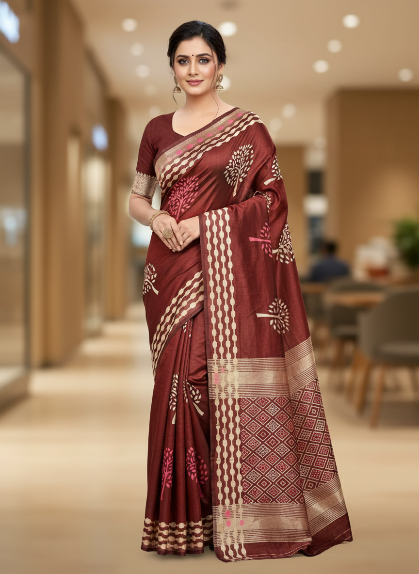 PURE COTTON HAND-BLOCK PRINT SAREE (MAROON WITH WHITE MOTIFS)