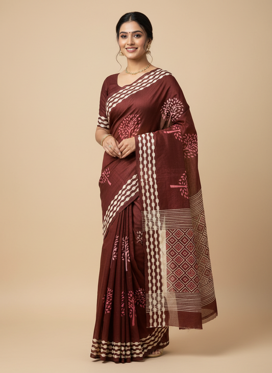 PURE COTTON HAND-BLOCK PRINT SAREE (MAROON WITH WHITE MOTIFS)