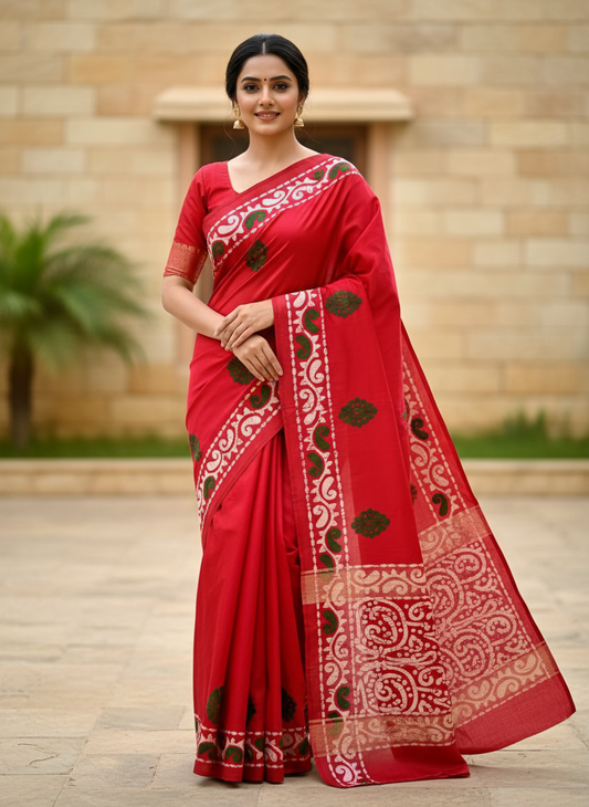 PURE COTTON HAND-BLOCK PRINT SAREE (PINK WITH BLACK MOTIFS)