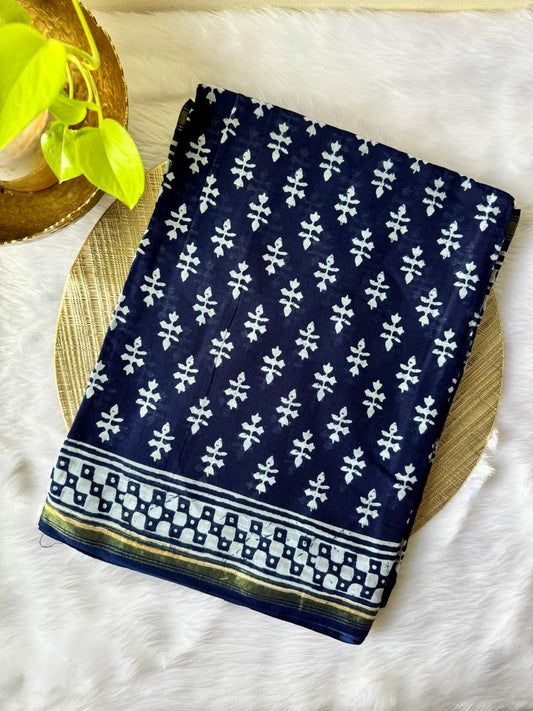 CHANDERI COTTON SAREE (NAVY BLUE WITH WHITE MOTIFS)
