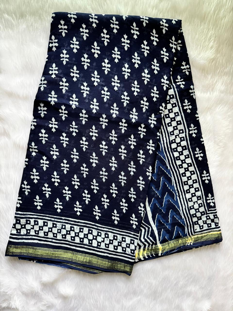 CHANDERI COTTON SAREE (NAVY BLUE WITH WHITE MOTIFS)