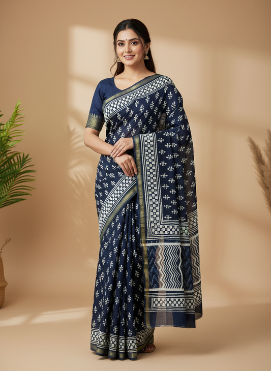 CHANDERI COTTON SAREE (NAVY BLUE WITH WHITE MOTIFS)