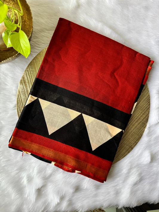CHANDERI COTTON SAREE (RED WITH MULTICOLOR BORDERS)